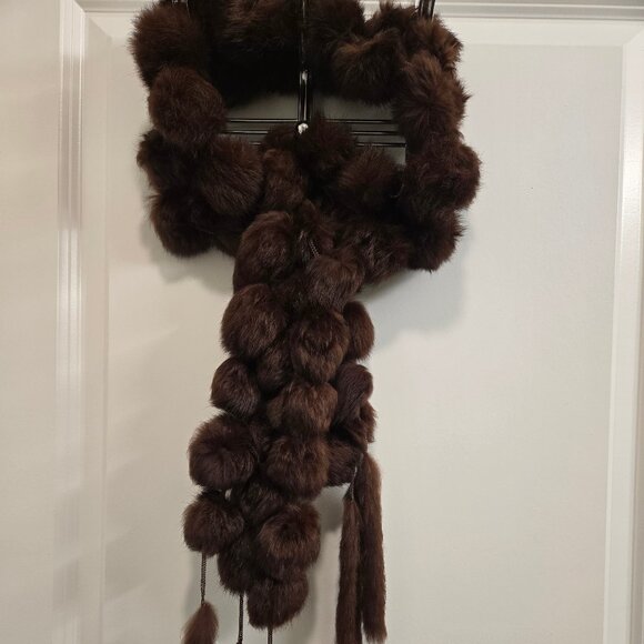 Brown Rabbit Fur Pompom Scarf with Tails - Picture 2 of 5